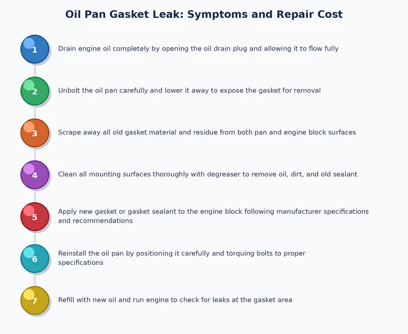 numbered process diagram showing oil pan gasket replacement steps from draining oil to final leak check