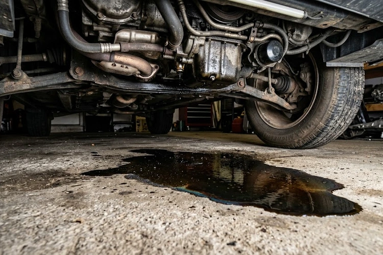 dark oil puddle under car on concrete driveway indicating engine leak