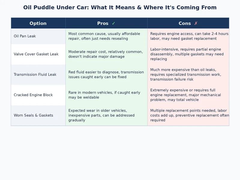 comparison of oil leak sources and repair costs for oil puddle under car diagnosis