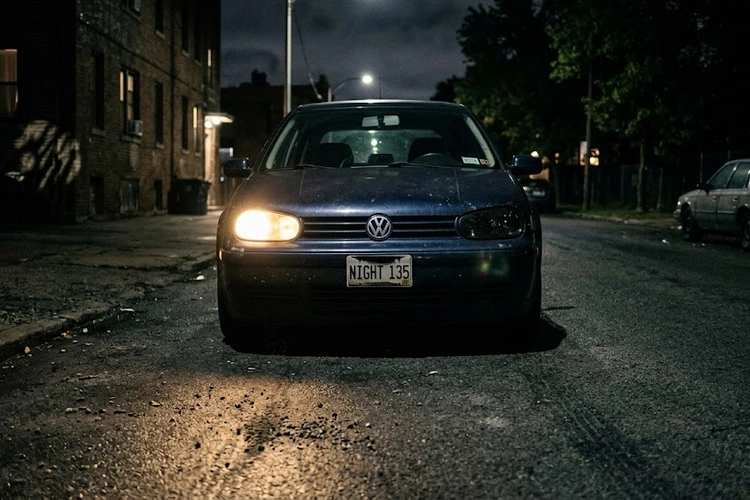 One headlight not working on a car at night with one illuminated and one dark headlight
