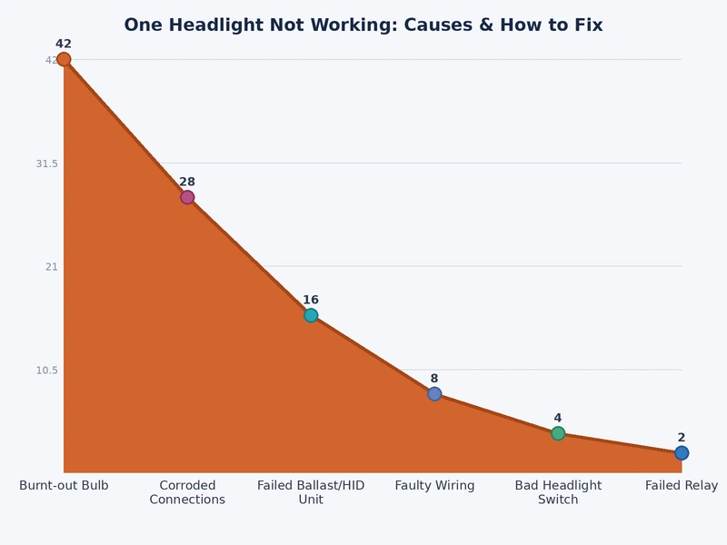 Bar chart showing frequency of causes for one headlight not working: bulb failure most common, then fuse, socket corrosion, and wiring fault