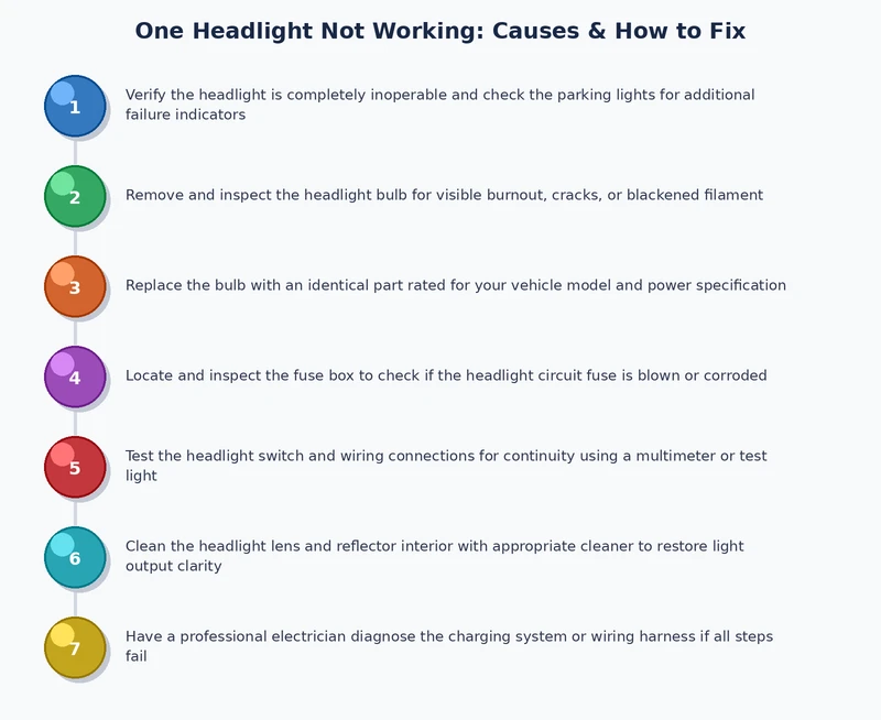 Step-by-step process diagram for diagnosing one headlight not working: fuse check, socket test, bulb swap, wiring inspection