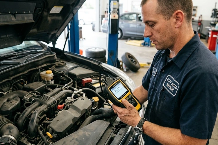 OBD-II scanner displaying p0171 code lean condition bank 1