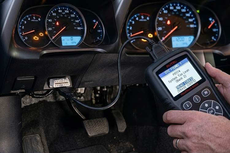 OBD-II diagnostic scanner displaying P0174 trouble code on its screen, plugged into the port under a car dashboard, with the amber check engine light visible on the instrument cluster in the background.