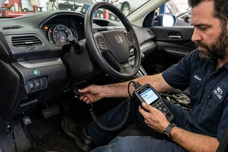 P0300 random misfire code displayed on OBD-II scanner connected to engine bay