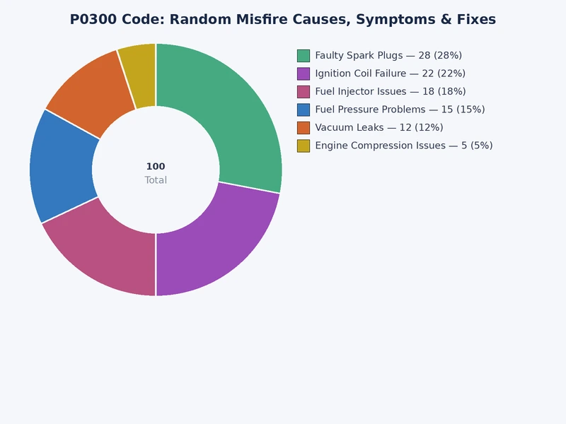 Bar chart showing P0300 random misfire root cause frequency across ignition, fuel, and compression systems