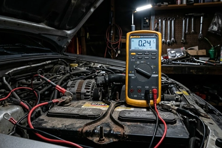 Mechanic testing for parasitic battery drain using a digital multimeter connected in series with the negative battery cable