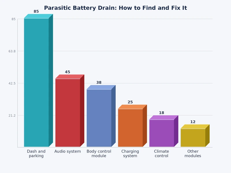 Bar chart showing milliamp draw from common parasitic battery drain sources including BCM, aftermarket audio, and stuck relays