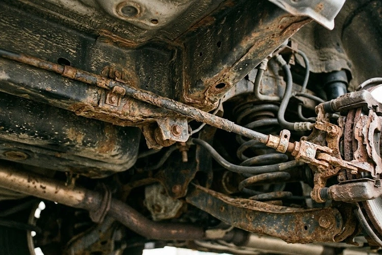 parking brake cable seized with heavy rust and corrosion along the cable housing and exposed wire