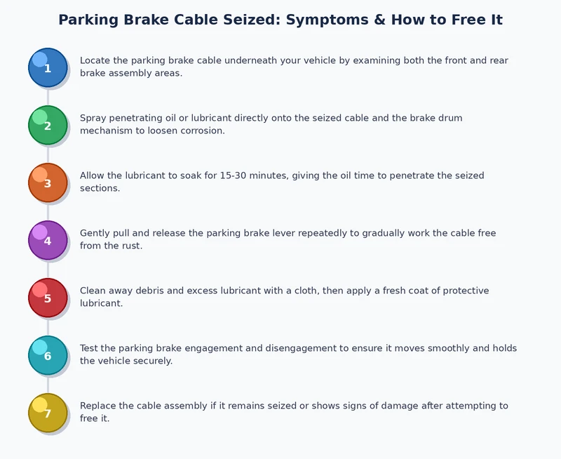 step-by-step process diagram for freeing a seized parking brake cable using penetrating oil and manual release techniques