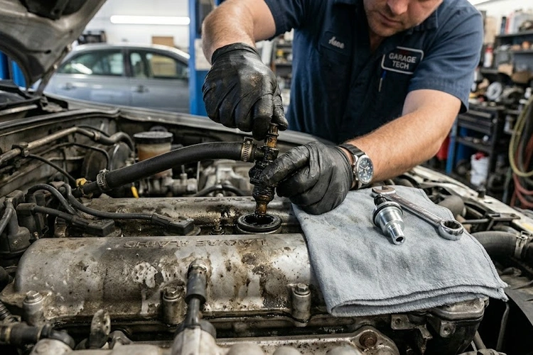 PCV valve symptoms — failed crankcase ventilation valve causing oil leaks and rough idle on a modern engine