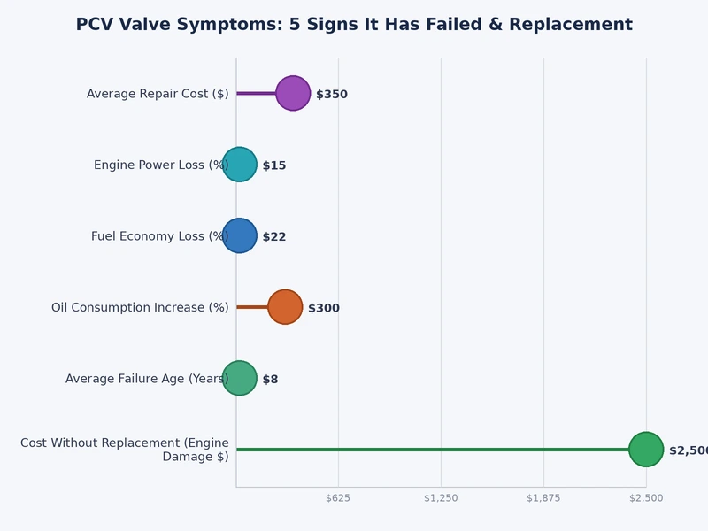 Bar chart comparing frequency and severity of the five main PCV valve symptoms across documented repair cases