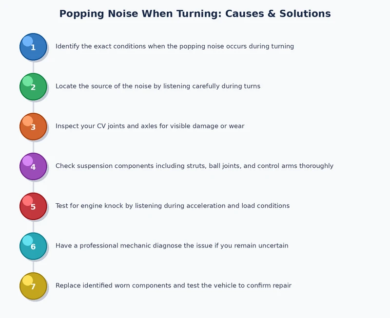 Step-by-step process diagram for diagnosing popping noise when turning a car