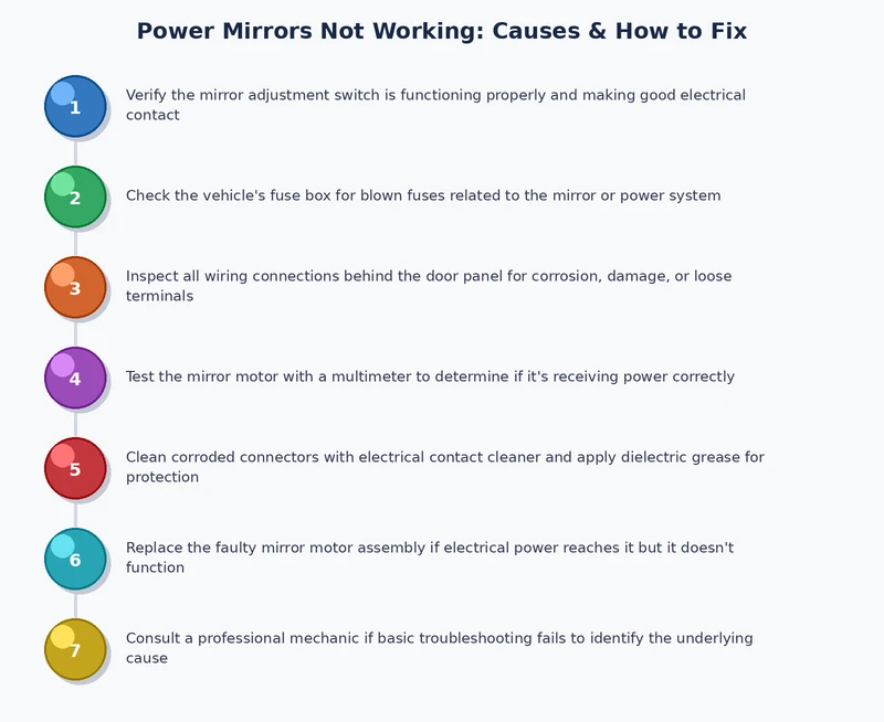 power mirror diagnostic process diagram showing fuse to switch to motor fault tree