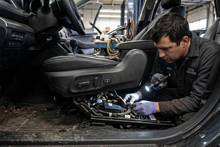 power seat not working — close-up of seat switch and track mechanism under vehicle seat