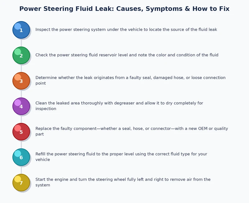 Process diagram showing step-by-step repair workflow for a power steering fluid leak from diagnosis through component reassembly