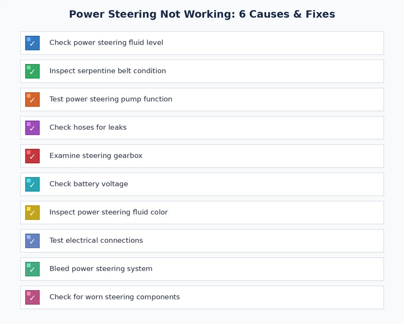 Power steering diagnostic checklist for identifying causes of power steering not working in hydraulic and electric systems