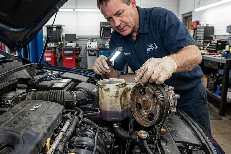 Power steering pump noise causes showing pump assembly and fluid reservoir under hood