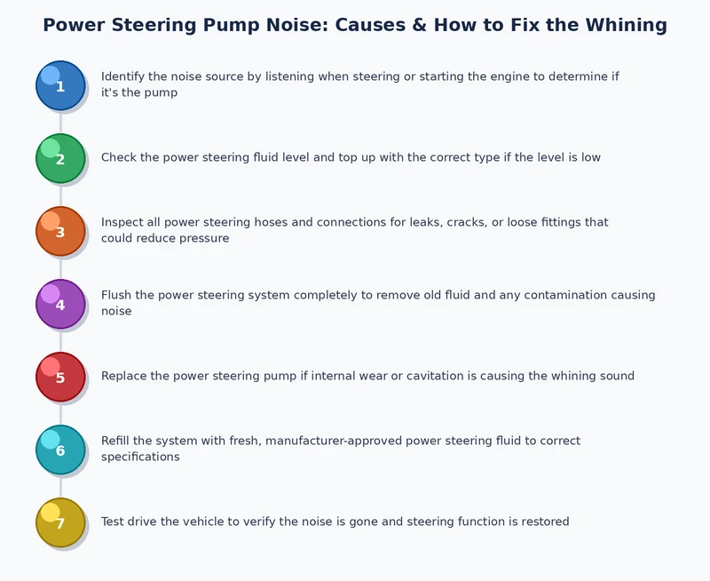 Step-by-step diagnosis process chart for power steering pump noise troubleshooting