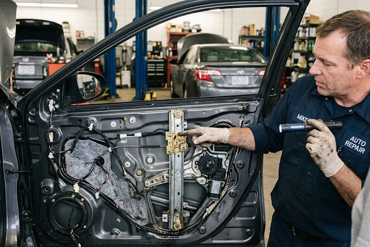 Mechanic inspecting inside a car door panel to diagnose a power window making grinding noise
