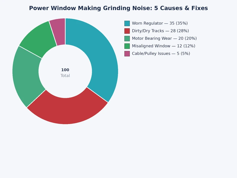 Bar chart comparing repair costs and DIY difficulty for the five most common causes of power window grinding noise