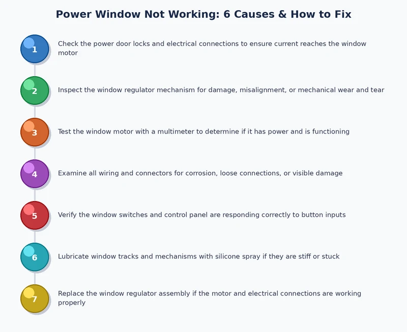 Step-by-step diagnostic process for a power window not working — fuse, switch, motor, regulator, wiring