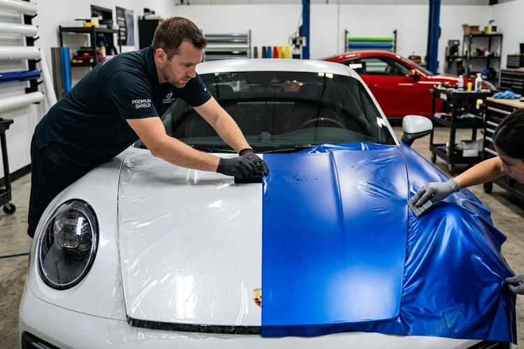 Paint protection film vs vinyl wrap applied side by side on a car hood for comparison