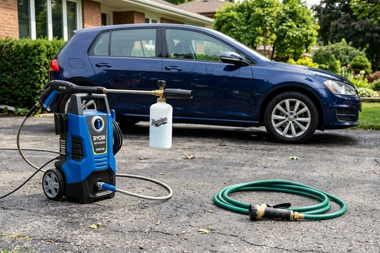 Pressure washer and garden hose set up on a driveway for car washing comparison