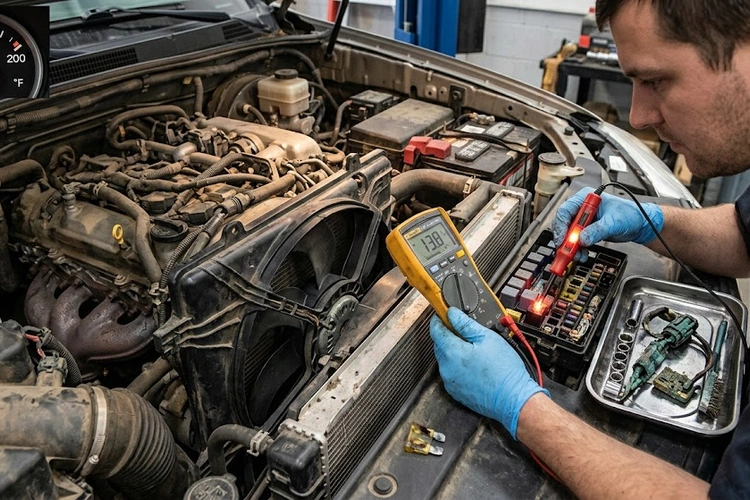 Mechanic inspecting radiator fan not working — cooling fan assembly under the hood