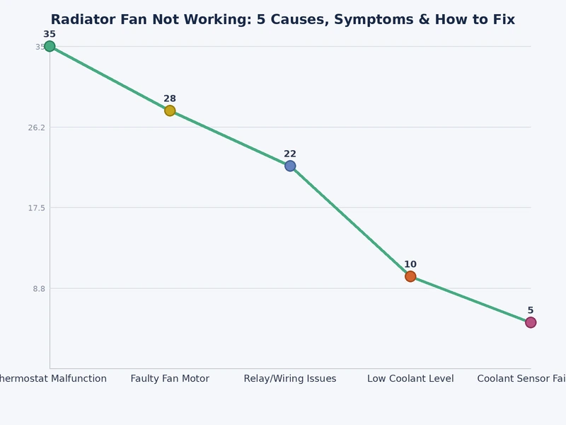 Bar chart showing relative frequency of the five causes of a radiator fan not working