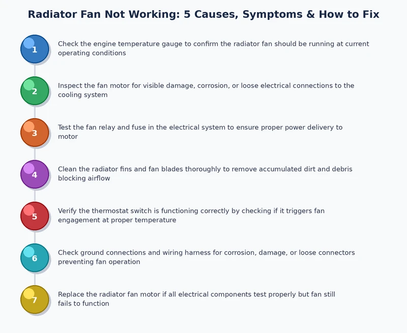 Step-by-step process diagram for diagnosing a radiator fan not working — fuse, relay, sensor, motor, ECM