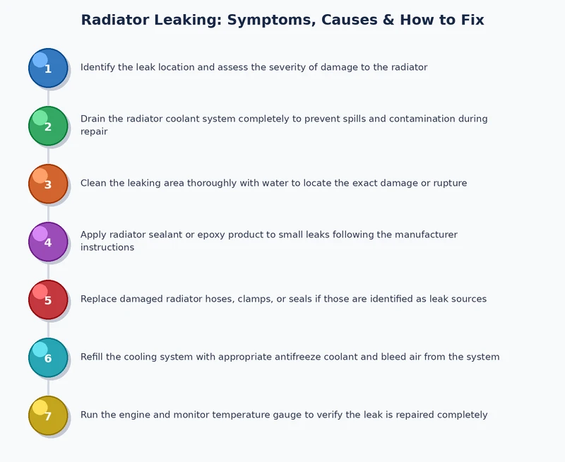 Step-by-step diagnostic process chart for identifying and repairing radiator leaking symptoms