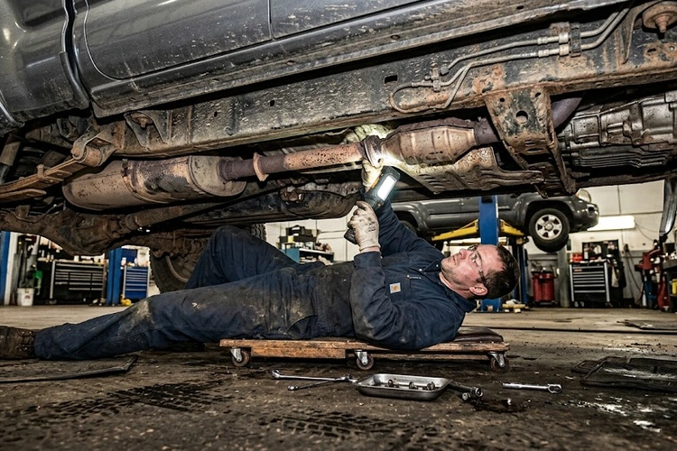 Mechanic inspecting underneath a car to diagnose a rattling noise when accelerating