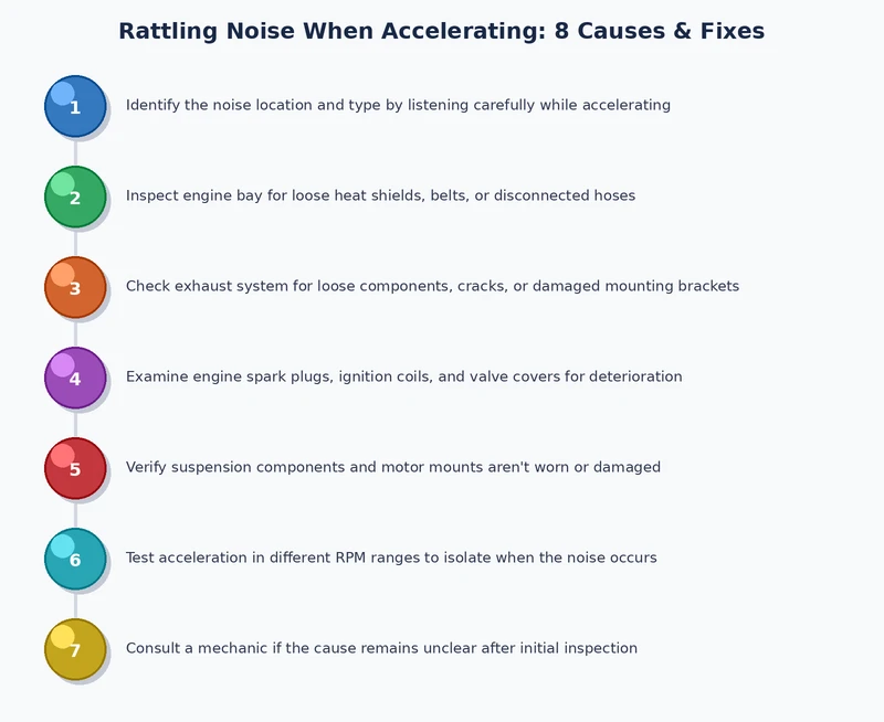 Step-by-step diagnostic flowchart for isolating a rattling noise when accelerating