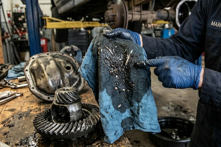 rear differential noise symptoms inspection on vehicle rear axle undercarriage