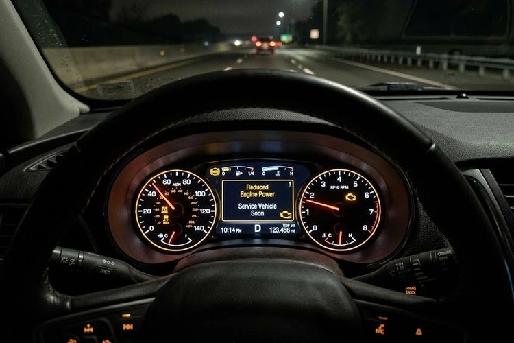 Dashboard warning light illuminated showing reduced engine power warning on a modern vehicle