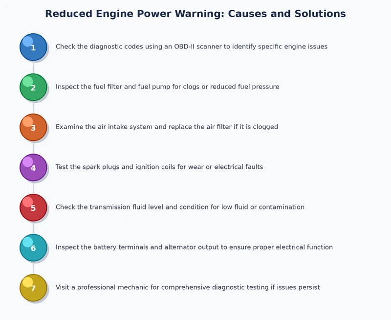 Step-by-step diagnostic flowchart for reduced engine power warning from initial code scan to component testing and repair verification