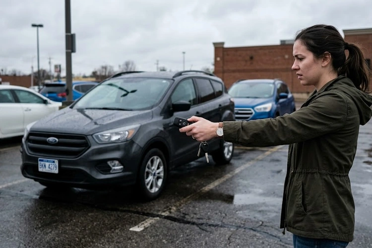 Key fob held near a car dashboard showing remote start not working diagnostic scenario