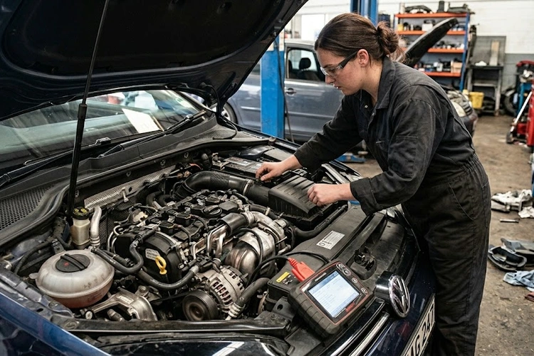 technician diagnosing rough idle causes using an OBD-II scanner connected to a car engine
