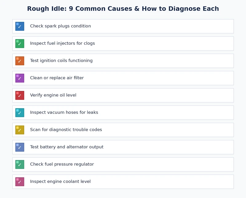 diagnostic checklist for rough idle causes covering OBD scan, vacuum leak test, MAF inspection, and spark plug check