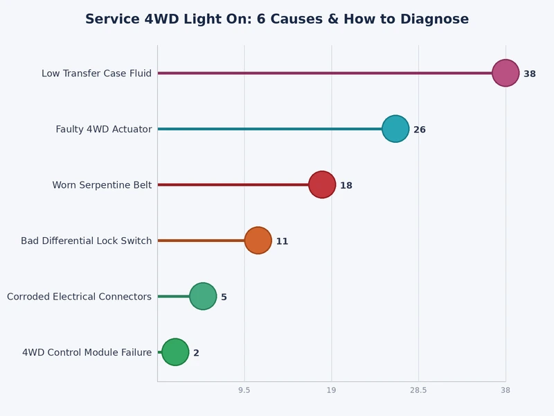 bar chart comparing frequency of service 4WD light causes including actuator failure, encoder motor, fluid, sensor, wiring, and PCM faults