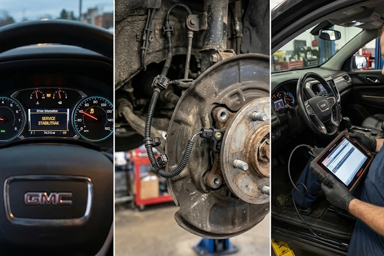 Service StabiliTrak light illuminated on a GM vehicle instrument cluster dashboard