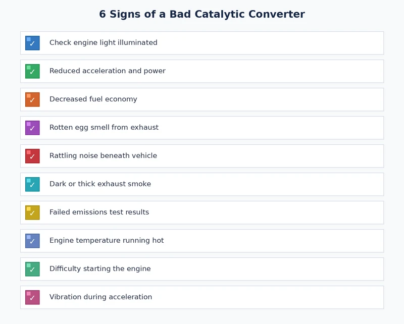 Diagnostic checklist summarizing all six signs of bad catalytic converter and recommended actions