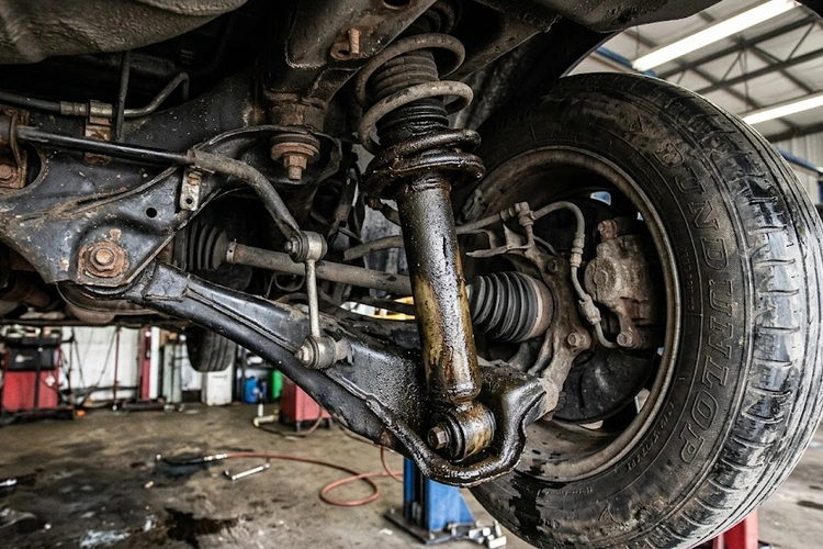 worn shock absorber with visible oil seepage illustrating signs of bad shocks and struts
