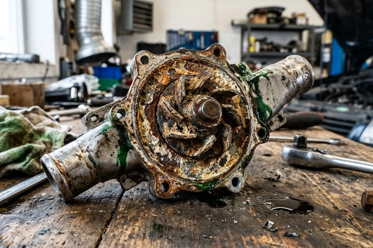 Close-up of a corroded water pump showing coolant residue, illustrating signs of a bad water pump