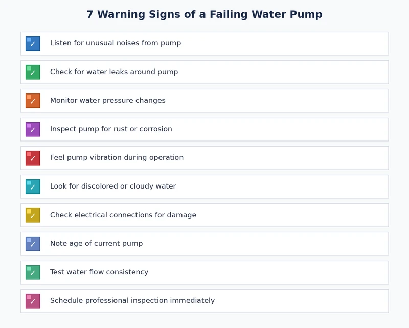 Visual checklist of the seven signs of a bad water pump including coolant leaks, overheating, and noisy bearings