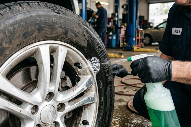 mechanic inspecting tire slowly losing air on lifted vehicle in automotive shop