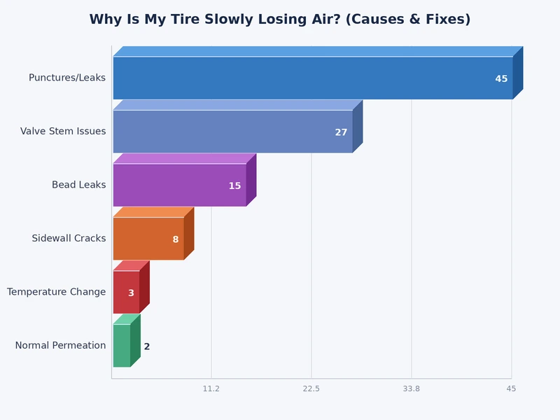 bar chart comparing frequency of slow tire pressure loss causes including punctures, valve stems, and bead leaks