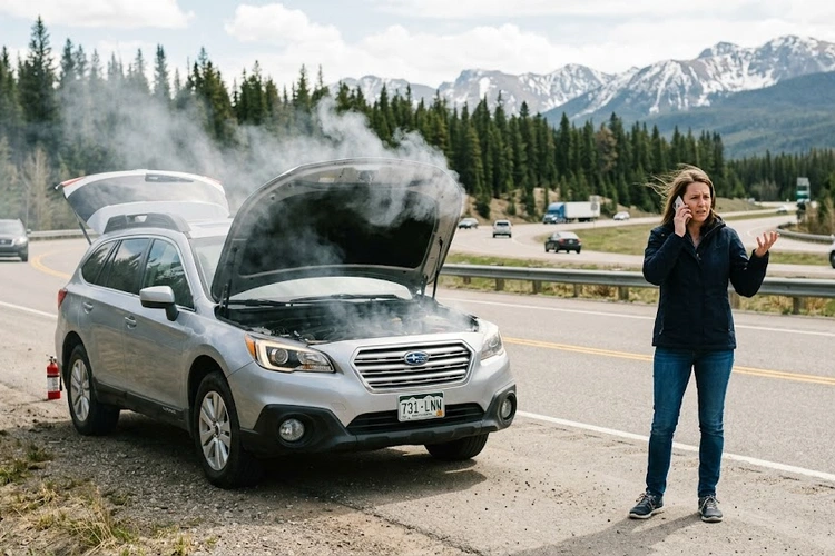smoke coming from under hood of a car pulled over on the roadside