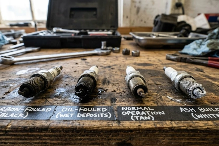 Close-up of fouled spark plugs showing carbon and oil deposits on electrode tips